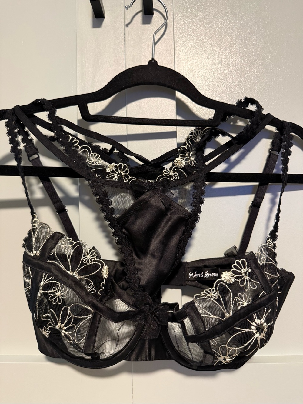 For Love & Lemons Black Embroidered Lingerie Set Bra 34DD Thong M
